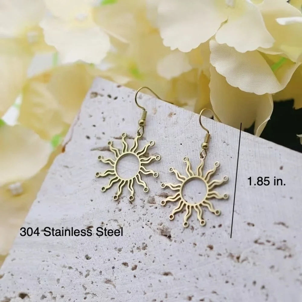 Gold Sunburst Drop Earrings 304 Stainless Steel Celestial Sun Dangle Boho Womens